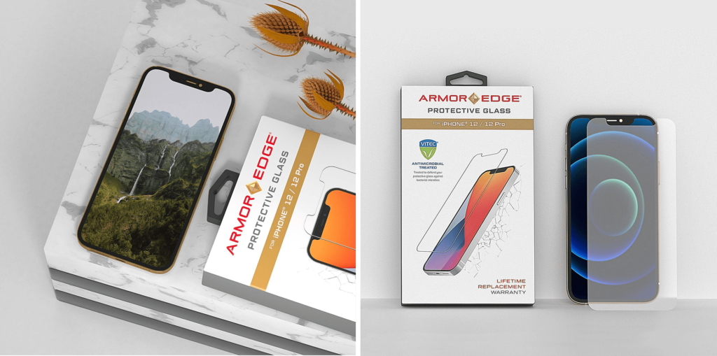 iPhone glass screen protector Armor Edge product renders by Inga Brel, 3D Artist specializing in photorealistic images and animations of your products entirely in 3D
