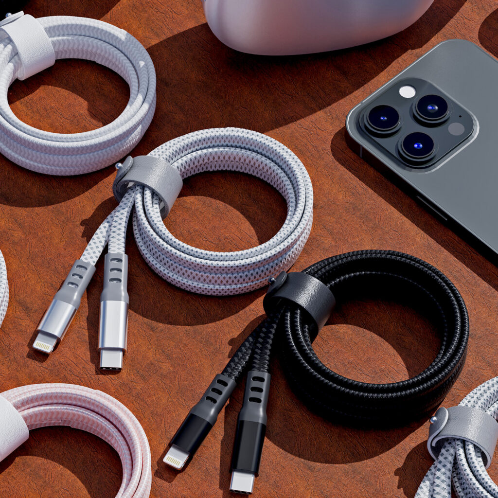 Charging cables renders by Inga Brel, 3D Artist specializing in photorealistic images and animations of your products entirely in 3D