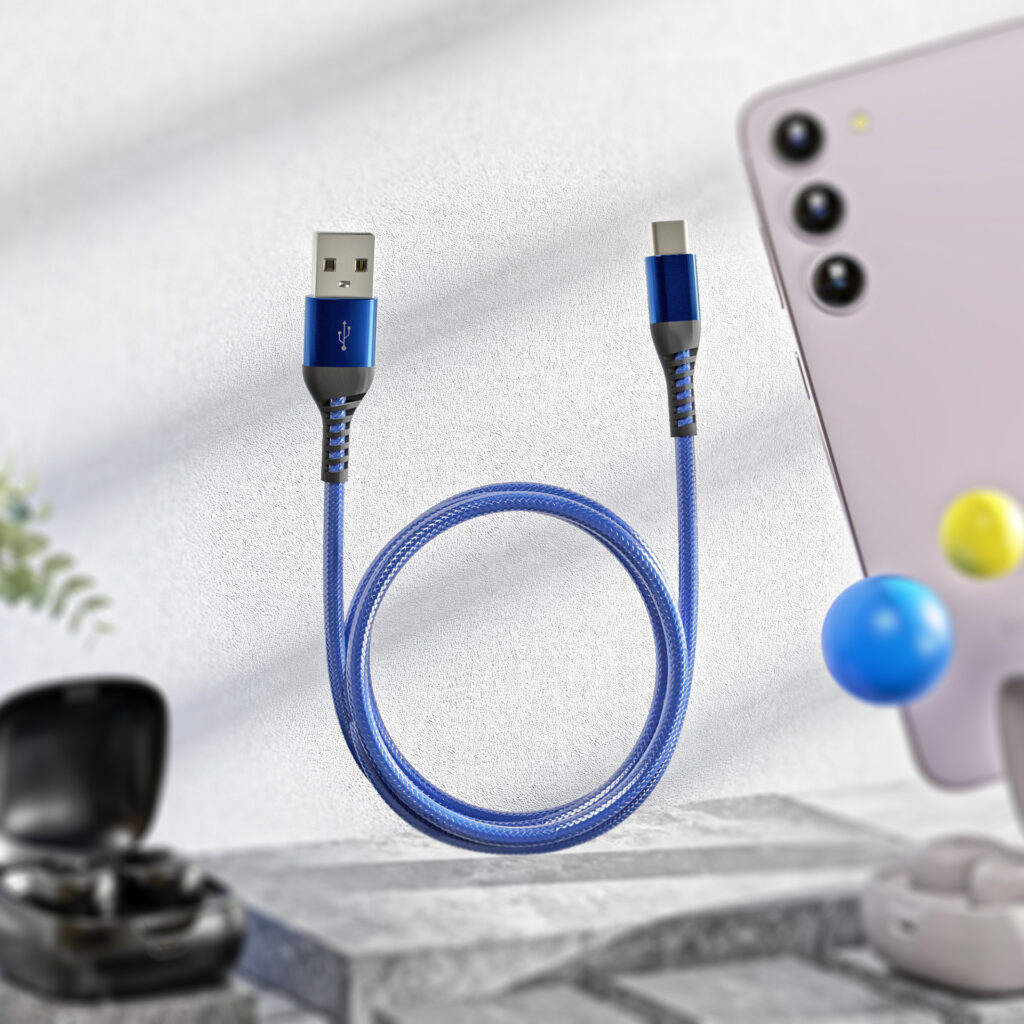Nylon braided USB-C cable render by Inga Brel, 3D Artist specializing in photorealistic images and animations of your products entirely in 3D
