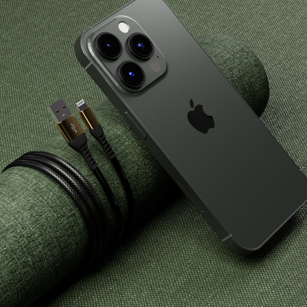 Nylon braided Lightning Apple iPhone Cable render by Inga Brel, 3D Artist specializing in photorealistic images and animations of your products entirely in 3D