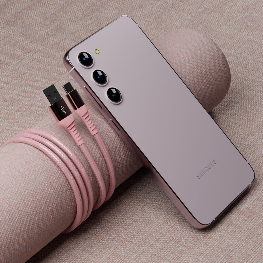 Nylon braided USB-C cable render by Inga Brel, 3D Artist specializing in photorealistic images and animations of your products entirely in 3D